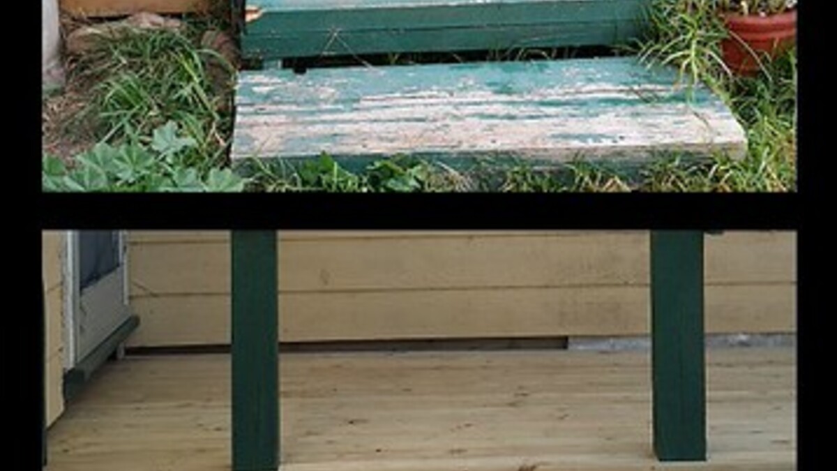 Before and after photos of a weathered green deck rebuilt with new timber steps